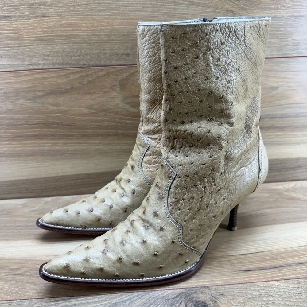 CUADRA Frida Ostrich Leather Women Western Boot 7.5 Tan Pointed Kitten Heel Zip